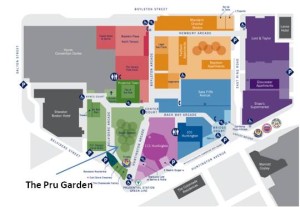 The Pru Garden is easy to reach by public transportation and the Prudential Center includes a large underground parking garage. It’s also accessible by escalator from Boylston Street or Huntington Avenue and by skywalk from the Copley Place shopping mall across Huntington Avenue 