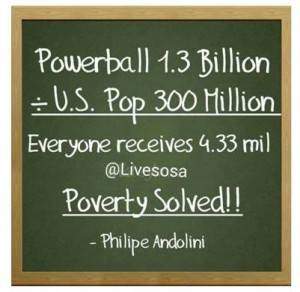 My father is no longer with us so a man named Phillippe Andolini has applied basic math skills to today’s Powerball mania. He says that if you divide the $1.3 billion jackpot by the United States population of $300 million, everyone would receive—are you ready for this--$9.33 million. What? Are you kidding? Nope. Ifit was only divided equally, the problem of poverty in the Unite States would be solved overnight. Brilliant!