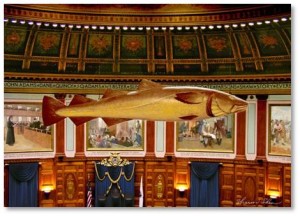 This acknowledgement of the importance of cod fish to the economy hangs in the House of Representatives Hall of the Massachusetts State House on Beacon Hill. Carved in pine, the effigy is five feet, eleven inches long and painted to resemble a live Atlantic Cod. 