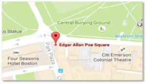 Poe Square at the corner of Charles Street South and Boylston Street is open all the time. Edgar Allen Poe Returning to Boston strides along the bricks at sidewalk level so one can easily miss it. Notice the pages on the ground as well as the plaque on the wall. 
