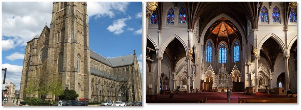 Today’s Holy Cross Cathedral was designed in the Gothic Revival style by Patrick Keely, a noted nineteenth-century ecclesiastical architect, whose career produced 16 Catholic cathedrals and 600 other churches. It is constructed of Roxbury puddingstone with gray limestone trim 