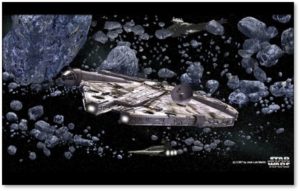 Millenium Falcon, asteroid field, Han Solo, Chewbacca, Star Wars