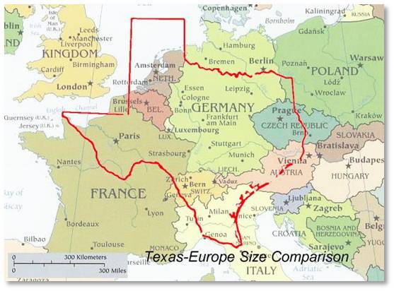 map of Texas superimposed on map of Europe