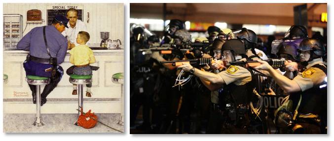 Norman Rockwell police officer, Ferguson Missouri police officers, police then and now
