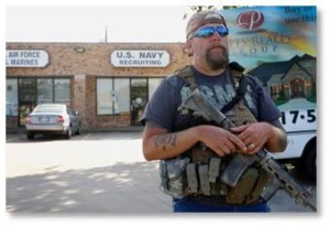Gun owners have taken to protecting military recruitment offices from terrorist attacks and crazy people with powerful weapons. Yet those same gun owners have their weapons to protect themselves from those very same soldiers in the very unlikely event that the military comes to take their guns away. 