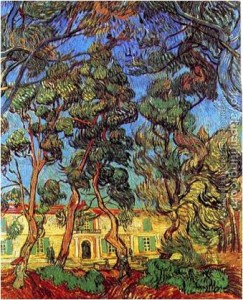 The one that drew me in particular was a painting of the “Trees in Front of the Entrance of the Asylum,”  which showed the façade of the mental hospital in Provence where Van Gogh spent many years attempting to master the demons that tormented him. 