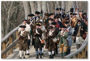 Monday is Patriot’s Day in Massachusetts—the original holiday when we celebrate the start of the Revolutionary War. On April 19, 1775, companies of Minute and Militia from communities all around Concord armed themselves and marched toward Concord Bridge to engage the British Regulars, then went on to Lexington where they fought again on the Battle Green. Every year on April 19, Companies of Minute and Militia still march along the Battle Roads and re-enact the two momentous engagements in which the first shots were fired.