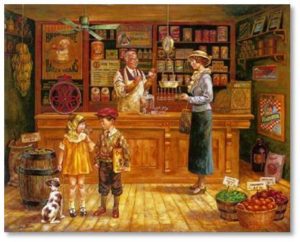 Food Shopping: Grocery stores used to be small shops with all the goods kept behind the counter. A customer would walk in and place her order with the owner who would, along with his clerk, pull the items from the shelves, bag them, and tell the customer what she owed. 