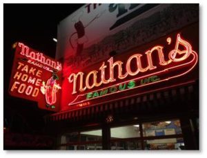 Once there we made a beeline t to Nathan’s Famous, the Tiffany’s of hot dog stands, the standard by which all other hot dogs should be judged, and the reason why “Coney Island hot dogs” get promoted elsewhere in the country.