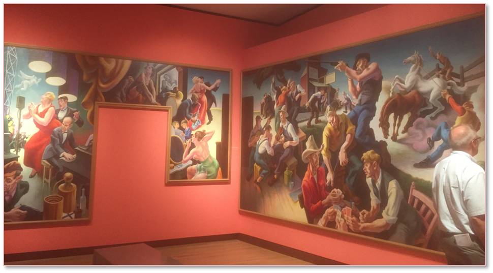 The room full of Thomas Hart Benton’s murals on the “Arts of Life in America” that the NBMAA rescued when the Whitney Museum in Manhattan sold them are astonishing in their color, movement, and historical scope. (Not to mention that I never knew Jackson Pollock was his assistant and his image is depicted in the “Arts of the West” panel.) 