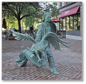 The Raven is part of a sculpture called “Poe Returns to Boston” in Poe Square on the southeast corner of South Charles Street and Boylston Street. The statue shows Poe’s raven flying from his side and this dramatic bird symbolizes the author’s worldwide fame. 
