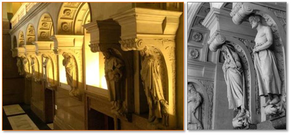 Sixteen architectural sculptures, life-size allegorical figures created by Domingo Mora, line the sides of the Great Hall. A plaque beneath each statue identifies it like the saints and prophets in a cathedral.