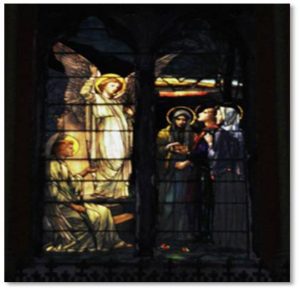 Angels appear in several of the windows, most notably the Nativity and the Resurrection. Both windows feature a chorus of heavenly angels and the latter window also gives us a luminous Angel of the Lord standing behind the tomb of the Risen Christ.