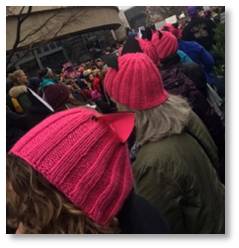 !!!” On Saturday, our group was ready: the Empowered Seven, six women with pink hats knitted by my neighbor and one man (my son) with a pink shirt worn in solidarity. 
