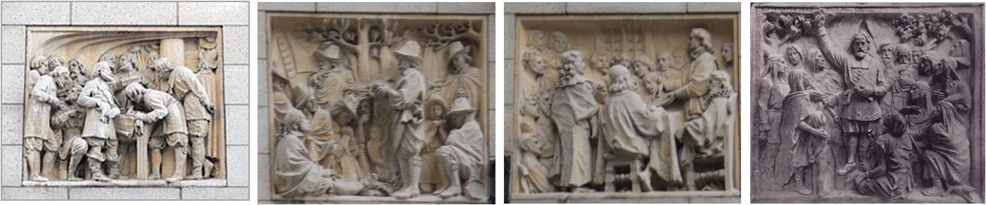 Outside, flanking the balcony on the second floor of the Congregational Library are four bas-relief sculptures that “illustrate the core values of the Congregational tradition.” 