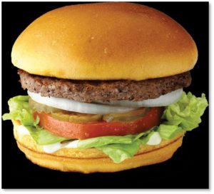 Hamburger with lettuce, tomato and onion, ordering kiosks