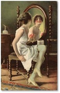 Woman Looking in Mirror, vintage post card, dress for success