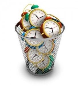 wasted time, clocks in wastebasket