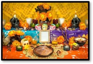 pan de muerto, fiambre, hot chocolate, Day of the Dead, altar, Dia de los Muertos