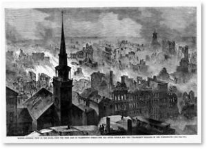Great Fire of 1872. Old South Church, Transcript Building, Milk Street