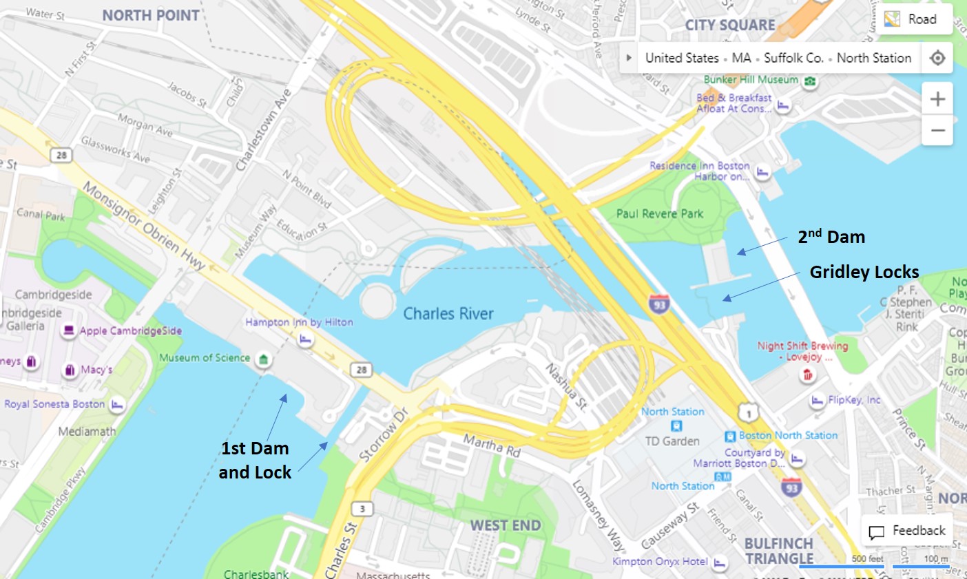 Charles River, Dams, Locks, Map