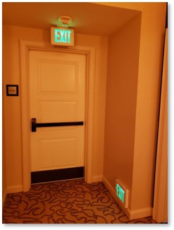 Fire door, exit, hotel hallway, stupid