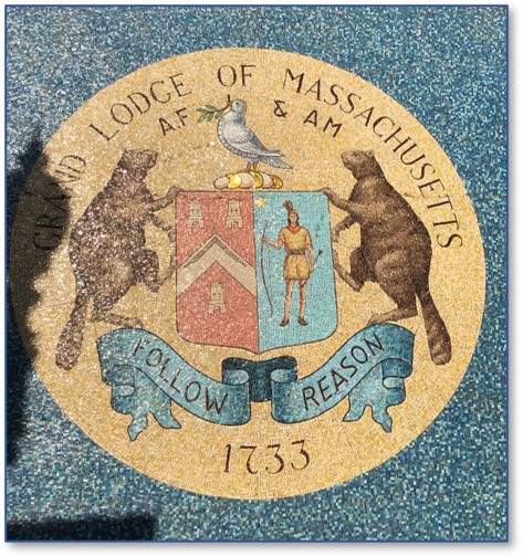 Grand Masonic Lodge of Massachusetts Seal, Beaver, Peace Dove, Boylston Street, Boston, mosaic
