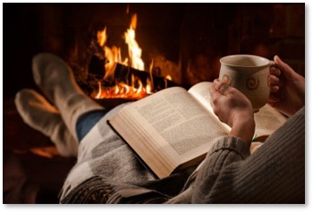 book, fireplace, reading, tea, cozy