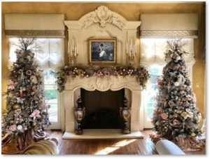 Christmas decorations, Christmas trees, mantle, fireplace, November 2021