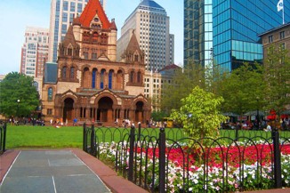 Copley Square, Trinity Church, Hancock Tower, Spring Flowers, Boston, Back Bay