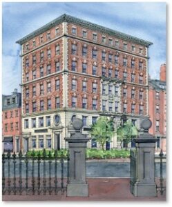 Bachelor Apartments, architectural drawing, Charles Street, Beacon Street, Public Garden, Boston