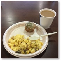hotel breakfast, complementary breakfast, eggs, muffin, coffee