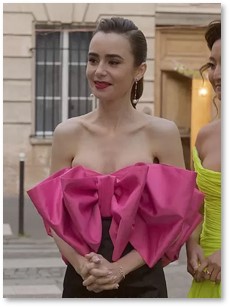 Emily in Paris, pink bow top, birthday dress, haute couture