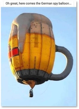 German spy balloon, beer stein, hot air balloon
