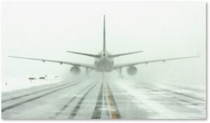 airplane, runway, snow storm