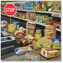 Supermarket, checkout line, Stop sign, packaged food, processed food, Greedflation
