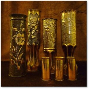 Trench Art objects, WWI, brass, expended shell casings
