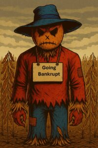 Angry scarecrow, farmers, going bankrupt, soybeans,field