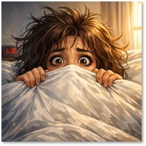 Woman waking up, terror, bed